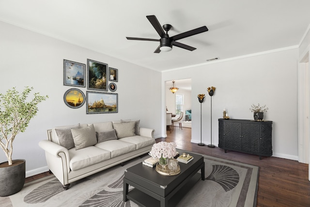 4908 Calmont Ave, Fort Worth, TX 76107 - living room featuring ceiling fan, wood finished floors, baseboards, and crown molding