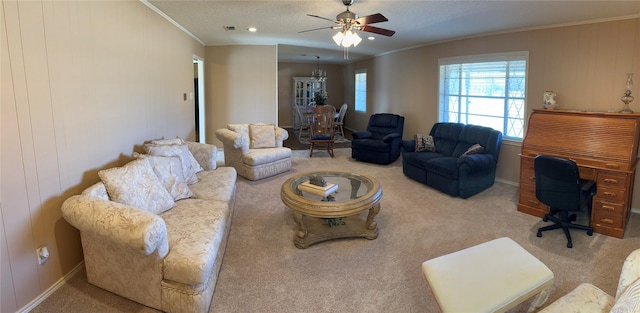 1308 Houston St, Sulphur Springs, TX 75482 - living room featuring crown molding, carpet, a ceiling fan, and baseboards