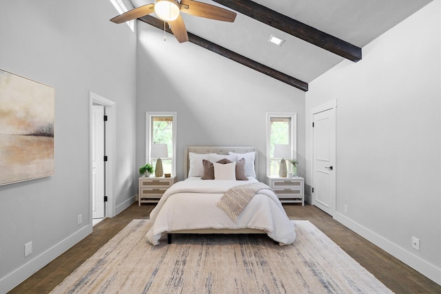 6501 Hillcrest Rd, Flower Mound, TX 75022 - bedroom featuring multiple windows, beam ceiling, baseboards, high vaulted ceiling, and wood finished floors