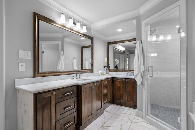 6501 Hillcrest Rd, Flower Mound, TX 75022 - full bath with double vanity, ornamental molding, a stall shower, marble look tile flooring, and recessed lighting
