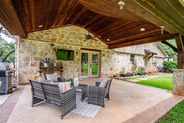 6501 Hillcrest Rd, Flower Mound, TX 75022 - view of patio featuring french doors, ceiling fan, area for grilling, and an outdoor living space