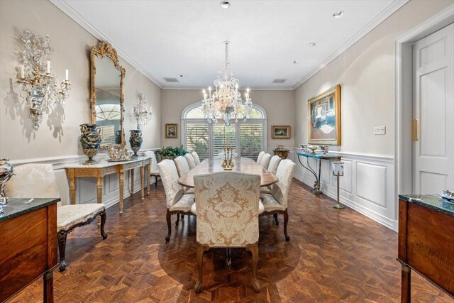 1708 Deepdale Dr, Westover Hills, TX 76107 - dining room with a chandelier, crown molding, wainscoting, and recessed lighting