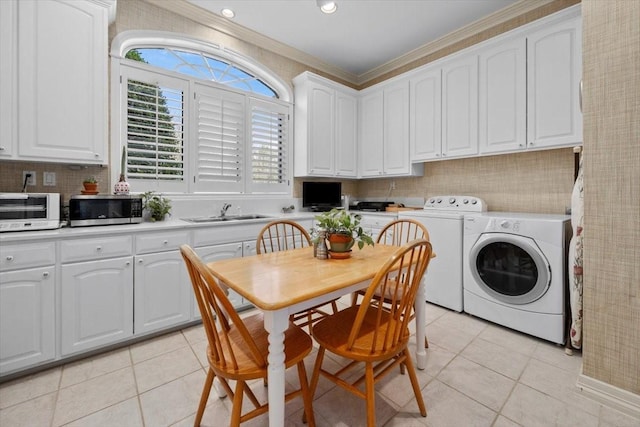1708 Deepdale Dr, Westover Hills, TX 76107 - dining room with washer and dryer, light tile patterned floors, crown molding, and recessed lighting