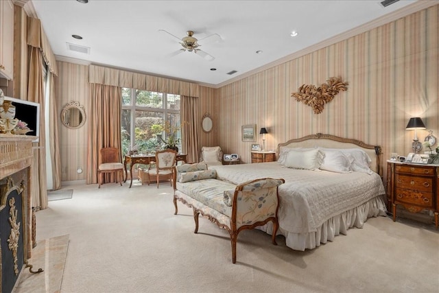 1708 Deepdale Dr, Westover Hills, TX 76107 - bedroom featuring crown molding, light carpet, wallpapered walls, a premium fireplace, and ceiling fan