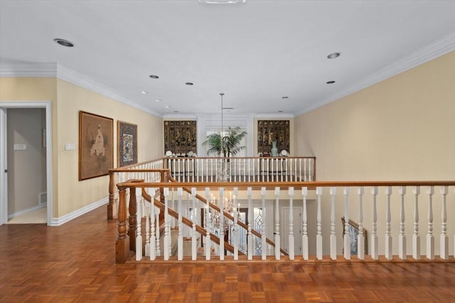 1708 Deepdale Dr, Westover Hills, TX 76107 - hall featuring an upstairs landing, baseboards, ornamental molding, and recessed lighting