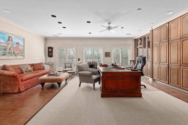 1708 Deepdale Dr, Westover Hills, TX 76107 - living room featuring an office area, ceiling fan, crown molding, light wood-style flooring, and recessed lighting