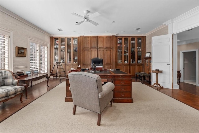 1708 Deepdale Dr, Westover Hills, TX 76107 - office space with ornamental molding, light wood-style flooring, ceiling fan, and recessed lighting