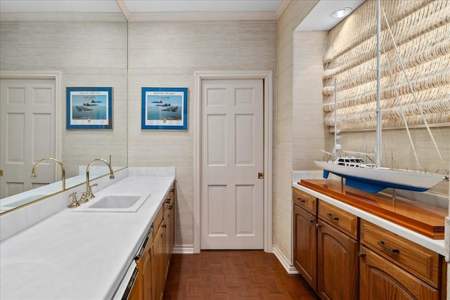 1708 Deepdale Dr, Westover Hills, TX 76107 - bar featuring a sink, wallpapered walls, baseboards, and crown molding