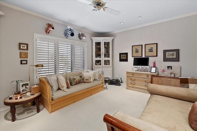 1708 Deepdale Dr, Westover Hills, TX 76107 - living room with carpet flooring, crown molding, ceiling fan, and baseboards