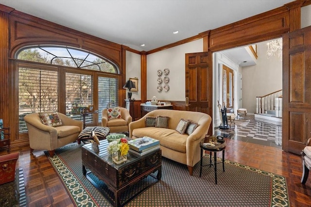 1708 Deepdale Dr, Westover Hills, TX 76107 - living room featuring ornamental molding, stairway, and wainscoting