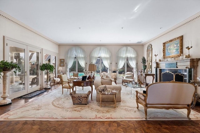 1708 Deepdale Dr, Westover Hills, TX 76107 - living room with healthy amount of natural light, a high end fireplace, and crown molding