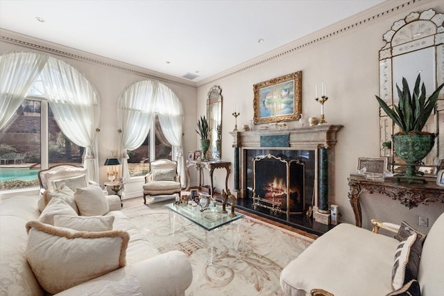 1708 Deepdale Dr, Westover Hills, TX 76107 - living room with a high end fireplace, plenty of natural light, and crown molding