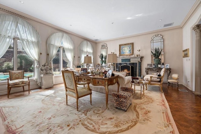 1708 Deepdale Dr, Westover Hills, TX 76107 - living area with ornamental molding, a warm lit fireplace, and baseboards