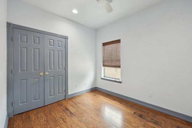 3804 Mattison Ave, Fort Worth, TX 76107 - unfurnished bedroom featuring wood finished floors, a ceiling fan, a closet, and recessed lighting