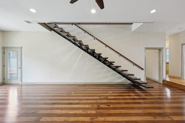 3804 Mattison Ave, Fort Worth, TX 76107 - unfurnished living room featuring hardwood / wood-style flooring, recessed lighting, stairs, and a ceiling fan