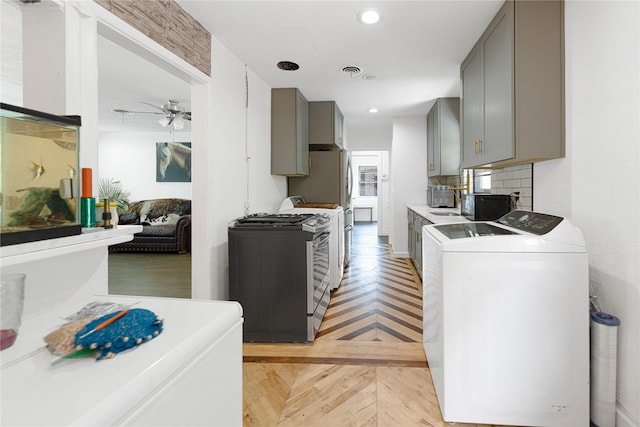 11103 Tascosa St, Dallas, TX 75228 - kitchen featuring gray cabinetry, light countertops, ceiling fan, gas range oven, and recessed lighting