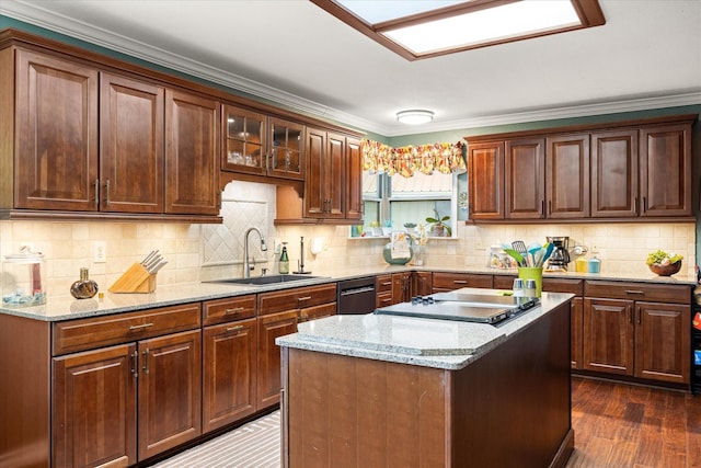 122 County Road 603, Eastland, TX 76448 - kitchen with a sink, cooktop, light stone countertops, dishwasher, and decorative backsplash
