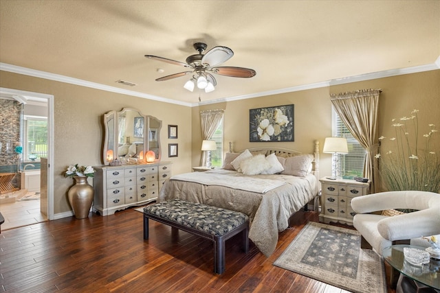 122 County Road 603, Eastland, TX 76448 - bedroom featuring hardwood / wood-style flooring, ornamental molding, ceiling fan, baseboards, and ensuite bathroom