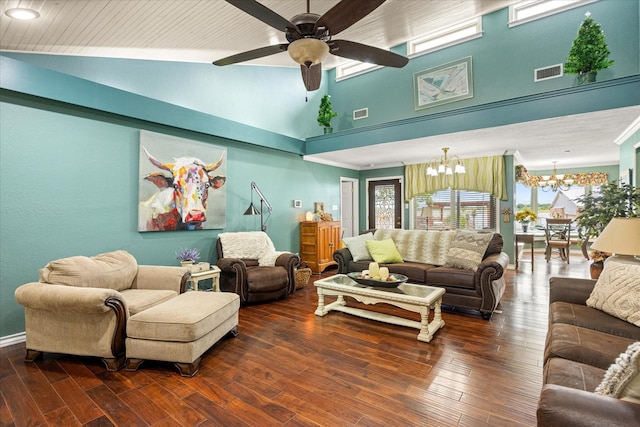 122 County Road 603, Eastland, TX 76448 - living area with a chandelier, a high ceiling, a ceiling fan, and dark wood-type flooring