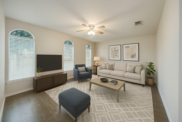 1624 Summer Place Cir, Irving, TX 75062 - living room with baseboards, light wood-style flooring, and ceiling fan