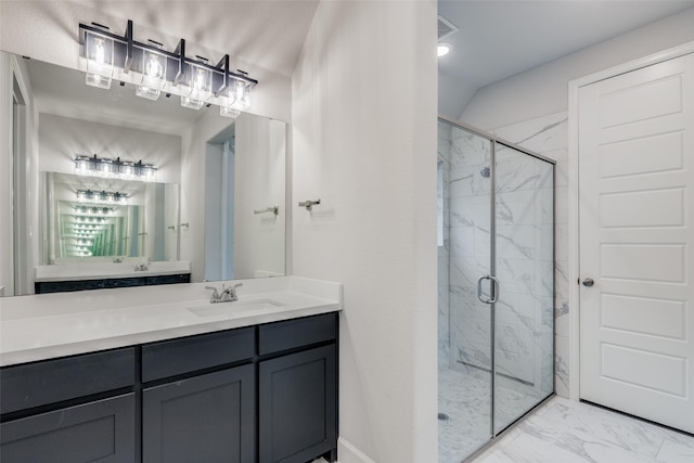 8532 Melrose, The Colony, TX 75056 - bathroom with marble look tile flooring, a marble finish shower, and vanity