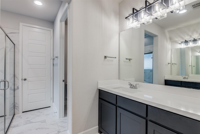 8532 Melrose, The Colony, TX 75056 - bathroom with marble look tile flooring, a stall shower, vanity, baseboards, and recessed lighting
