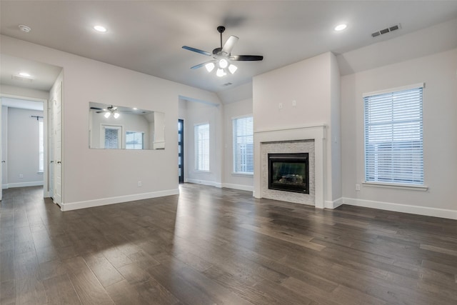 8532 Melrose, The Colony, TX 75056 - unfurnished living room with a ceiling fan, baseboards, dark wood-style flooring, and recessed lighting