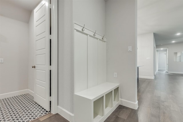 8532 Melrose, The Colony, TX 75056 - mudroom featuring baseboards, recessed lighting, and dark wood-type flooring