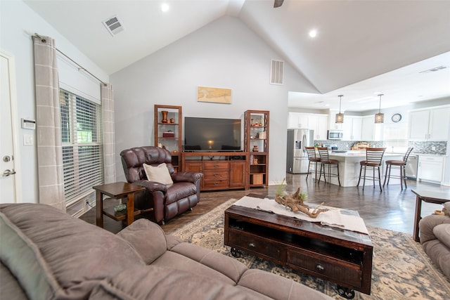 411 Sterling Shores Dr, Scroggins, TX 75480 - living area with recessed lighting, wood finished floors, high vaulted ceiling, and a ceiling fan