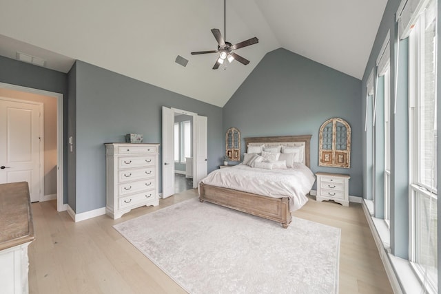 562 Broadleaf Way, Haslet, TX 76052 - bedroom featuring light wood-style floors, high vaulted ceiling, a ceiling fan, baseboards, and connected bathroom