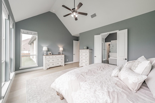 562 Broadleaf Way, Haslet, TX 76052 - bedroom with light wood finished floors, high vaulted ceiling, and a ceiling fan