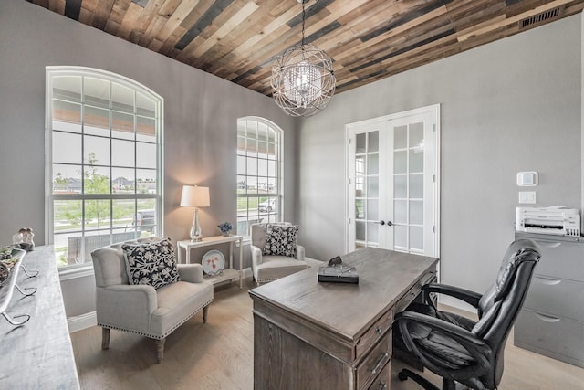 562 Broadleaf Way, Haslet, TX 76052 - home office with wooden ceiling, healthy amount of natural light, a chandelier, french doors, and light wood-style flooring
