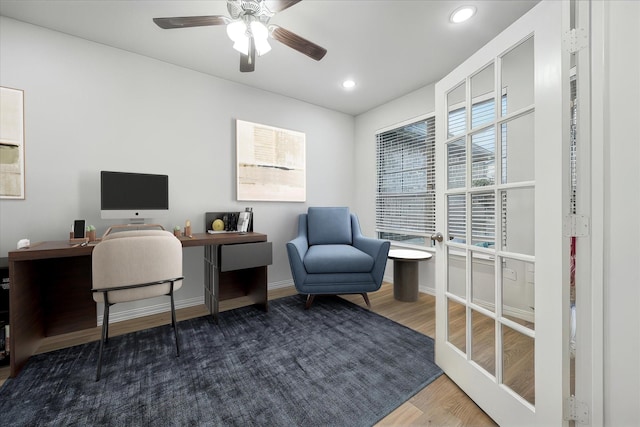 168 Ridgetop Trl, Rhome, TX 76078 - home office featuring wood finished floors, ceiling fan, recessed lighting, and baseboards