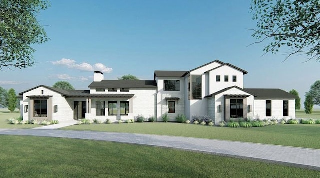 1142 Jefferson Ct, Bartonville, TX 76226 - modern inspired farmhouse with a front yard, a chimney, and stone siding