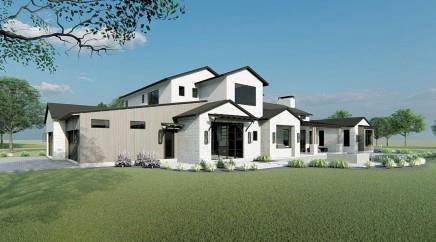 1142 Jefferson Ct, Bartonville, TX 76226 - modern farmhouse with a front yard, an attached garage, a chimney, and stucco siding