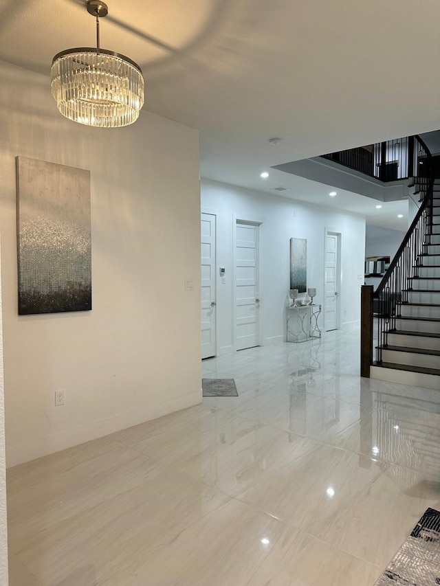 4715 Glavica Dr, Irving, TX 75062 - hall featuring stairway, a chandelier, baseboards, and recessed lighting