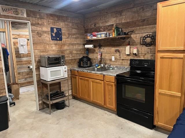 214 Hemphill St, Hico, TX 76457 - kitchen featuring electric range, white microwave, a sink, wood walls, and unfinished concrete floors