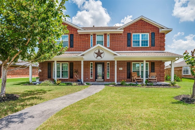 3820 Blossom Dr, Sachse, TX 75048 - traditional-style house with a front lawn, brick siding, and covered porch