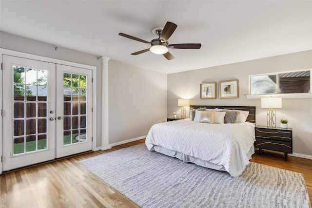 9705 Ash Creek Dr, Dallas, TX 75228 - bedroom featuring access to exterior, wood finished floors, french doors, baseboards, and ceiling fan