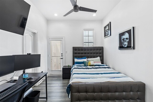 2100 N Fitzhugh Ave Unit D, Dallas, TX 75204 - bedroom featuring wood finished floors, an office area, a ceiling fan, and recessed lighting