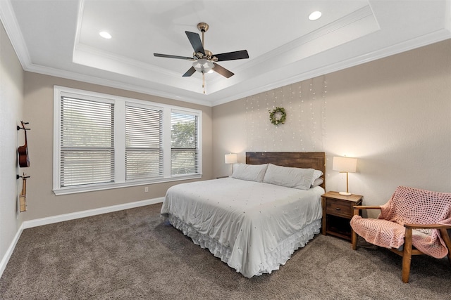 41 N Shore Cir, Waco, TX 76708 - carpeted bedroom featuring a tray ceiling, ornamental molding, baseboards, a ceiling fan, and recessed lighting