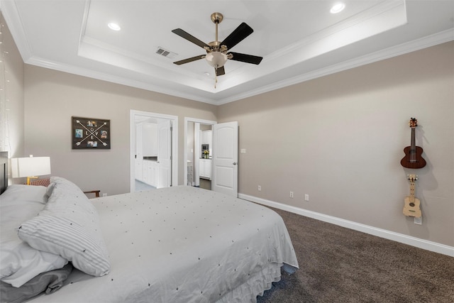 41 N Shore Cir, Waco, TX 76708 - bedroom with a raised ceiling, dark colored carpet, crown molding, baseboards, and recessed lighting