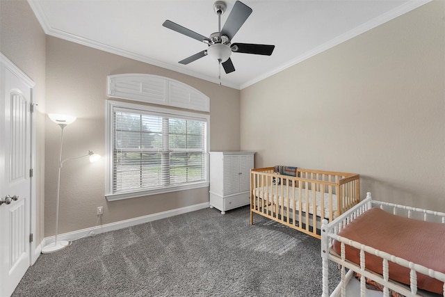 41 N Shore Cir, Waco, TX 76708 - bedroom featuring ornamental molding, carpet floors, baseboards, a crib, and ceiling fan
