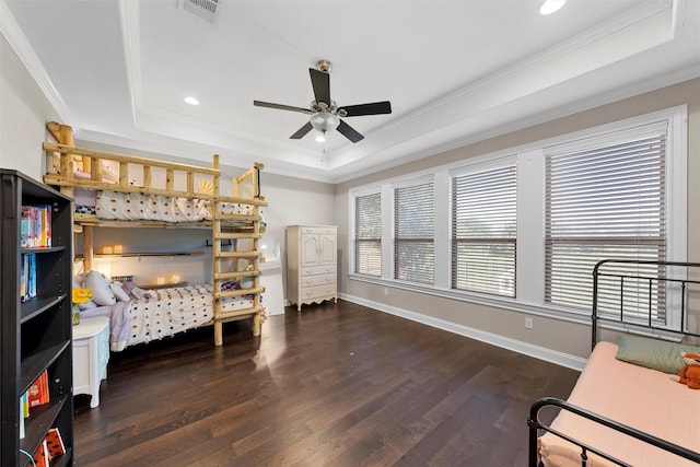 41 N Shore Cir, Waco, TX 76708 - bedroom with a raised ceiling, wood finished floors, crown molding, recessed lighting, and baseboards