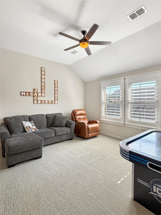 2219 Wellington Ln, Corinth, TX 76210 - rec room with vaulted ceiling, a ceiling fan, carpet, and baseboards