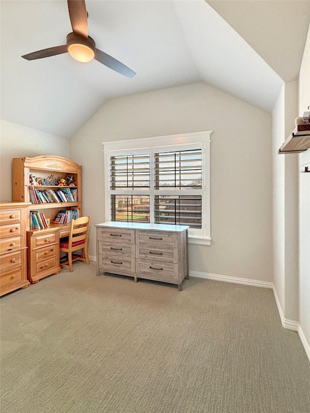 2219 Wellington Ln, Corinth, TX 76210 - carpeted home office with a ceiling fan, vaulted ceiling, and baseboards
