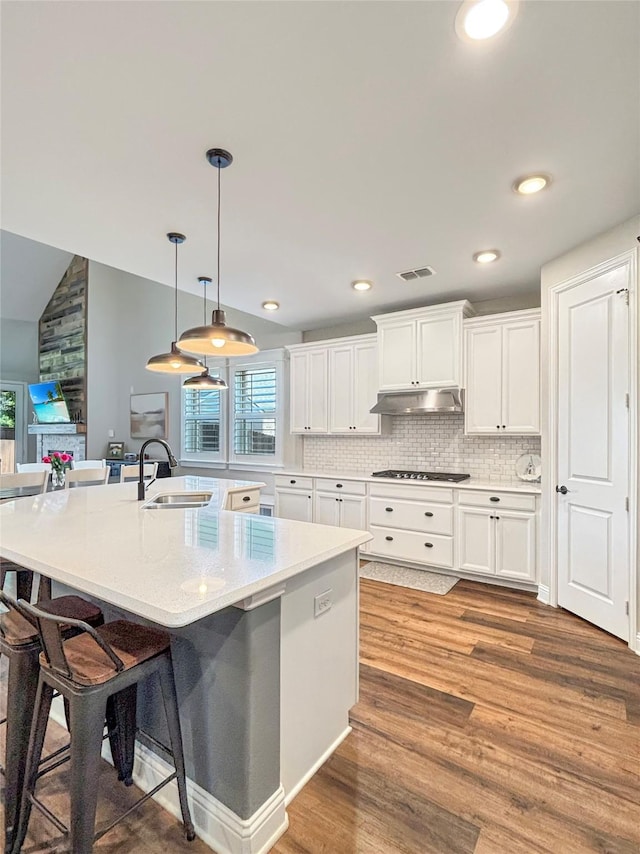 2219 Wellington Ln, Corinth, TX 76210 - kitchen featuring a sink, under cabinet range hood, plenty of natural light, wood finished floors, and vaulted ceiling