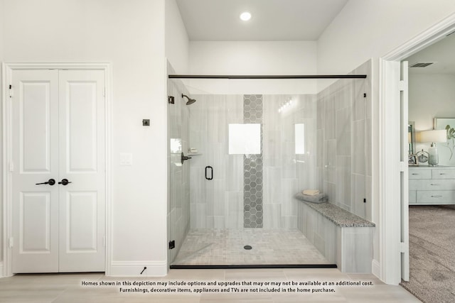 3416 Running Stream Way, Melissa, TX 75454 - full bathroom featuring a stall shower, recessed lighting, and baseboards