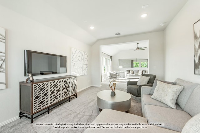 3416 Running Stream Way, Melissa, TX 75454 - living room featuring carpet flooring, baseboards, vaulted ceiling, and ceiling fan