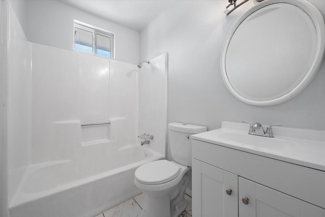 1312 E Collin, Corsicana, TX 75110 - bathroom featuring vanity, toilet, marble look tile flooring, and shower / washtub combination